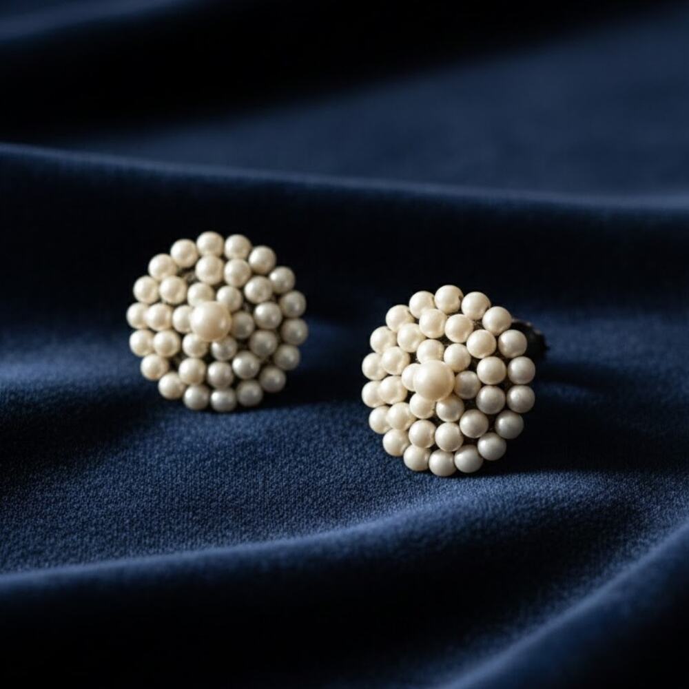 Vintage Beaded Japan Clip On Earrings White
